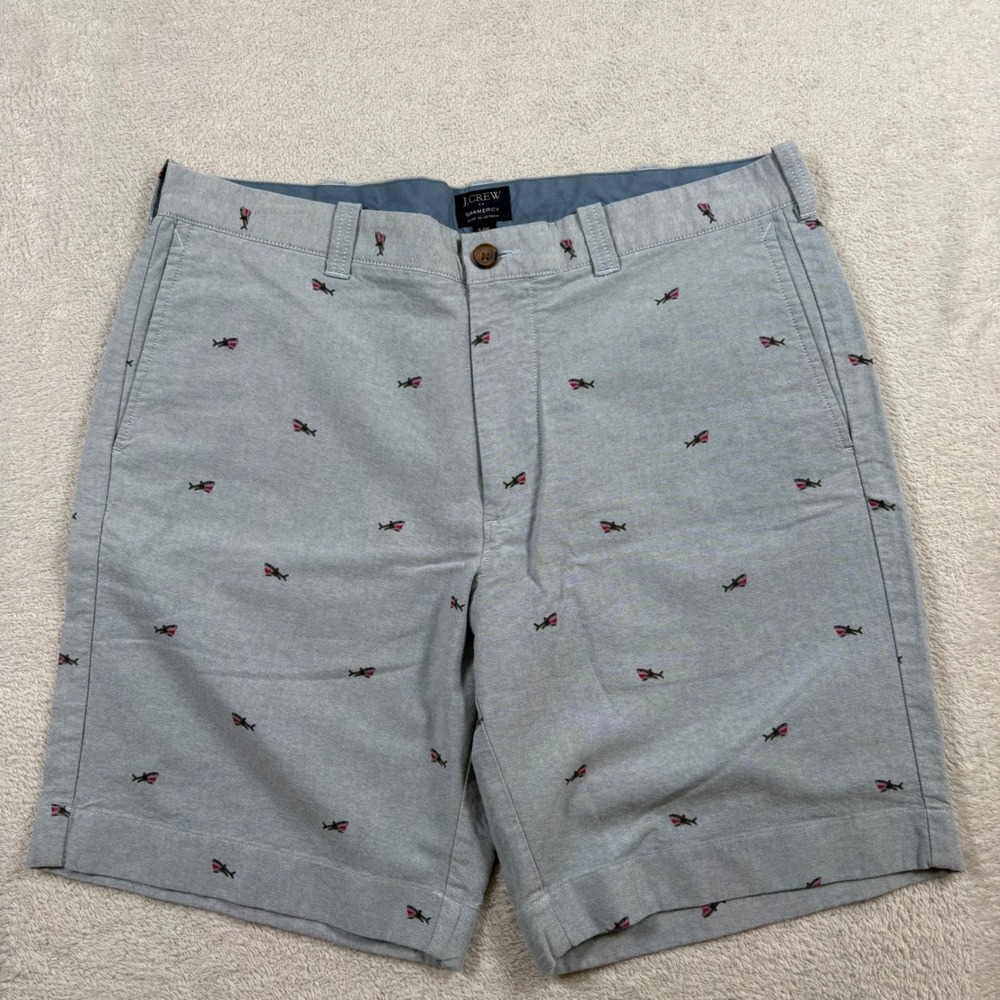 J.Crew Gramercy Shorts Mens 34 Blue Oxford Shark Embroidered Cotton AOP